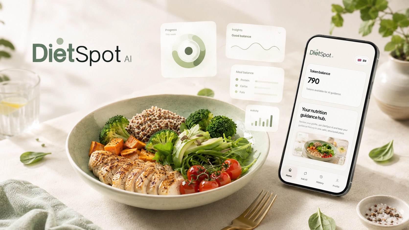 DietSpot AI prehransko vodenje z zdravim obrokom in mobilnim vmesnikom